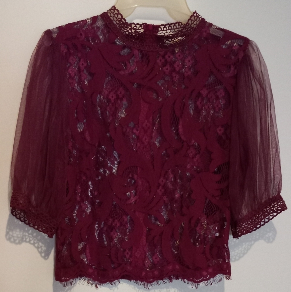 Peach Couture, Burgundy Berry Lace Evening Top  Size M.